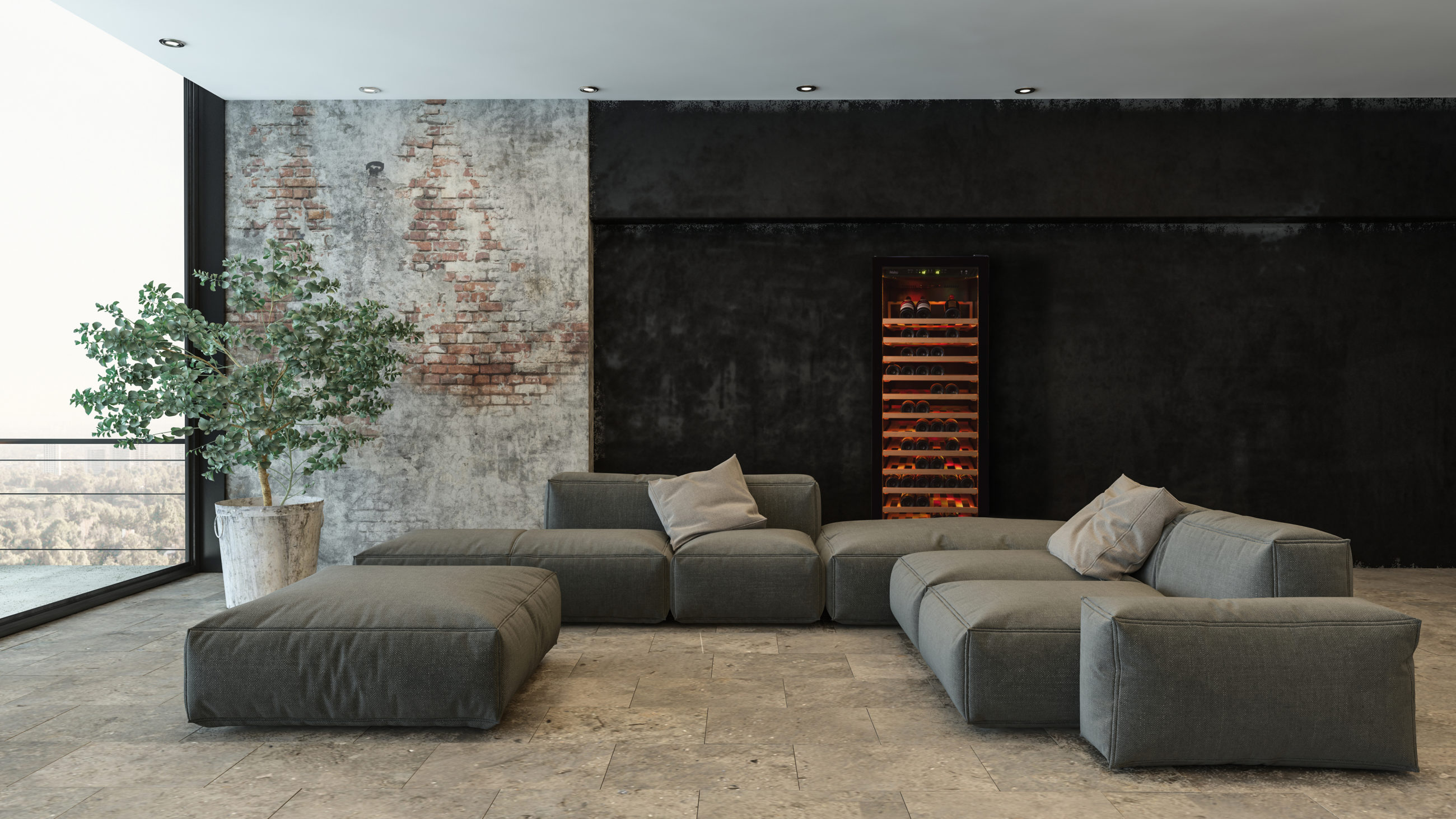 Loft living room interior with stone wall. 3d Rendering
